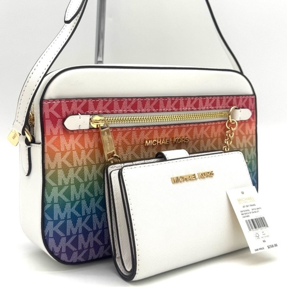 Michael Kors Large Signature Logo Crossbody Bag & Matching Bifold Wallet Rainbow - Picture 3 of 13